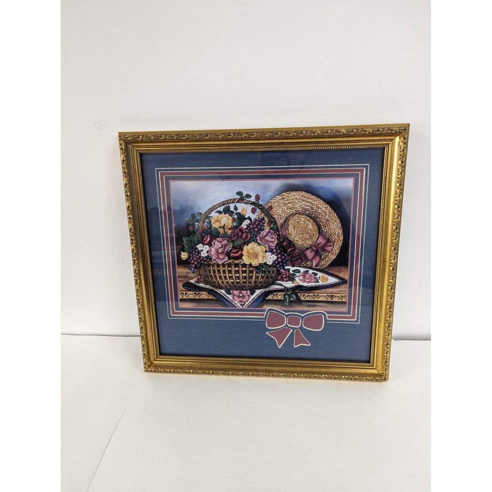 Framed Art Laurie Korsgaden Wall Hanging Plaque Decor 16X16" Country Basket Hat